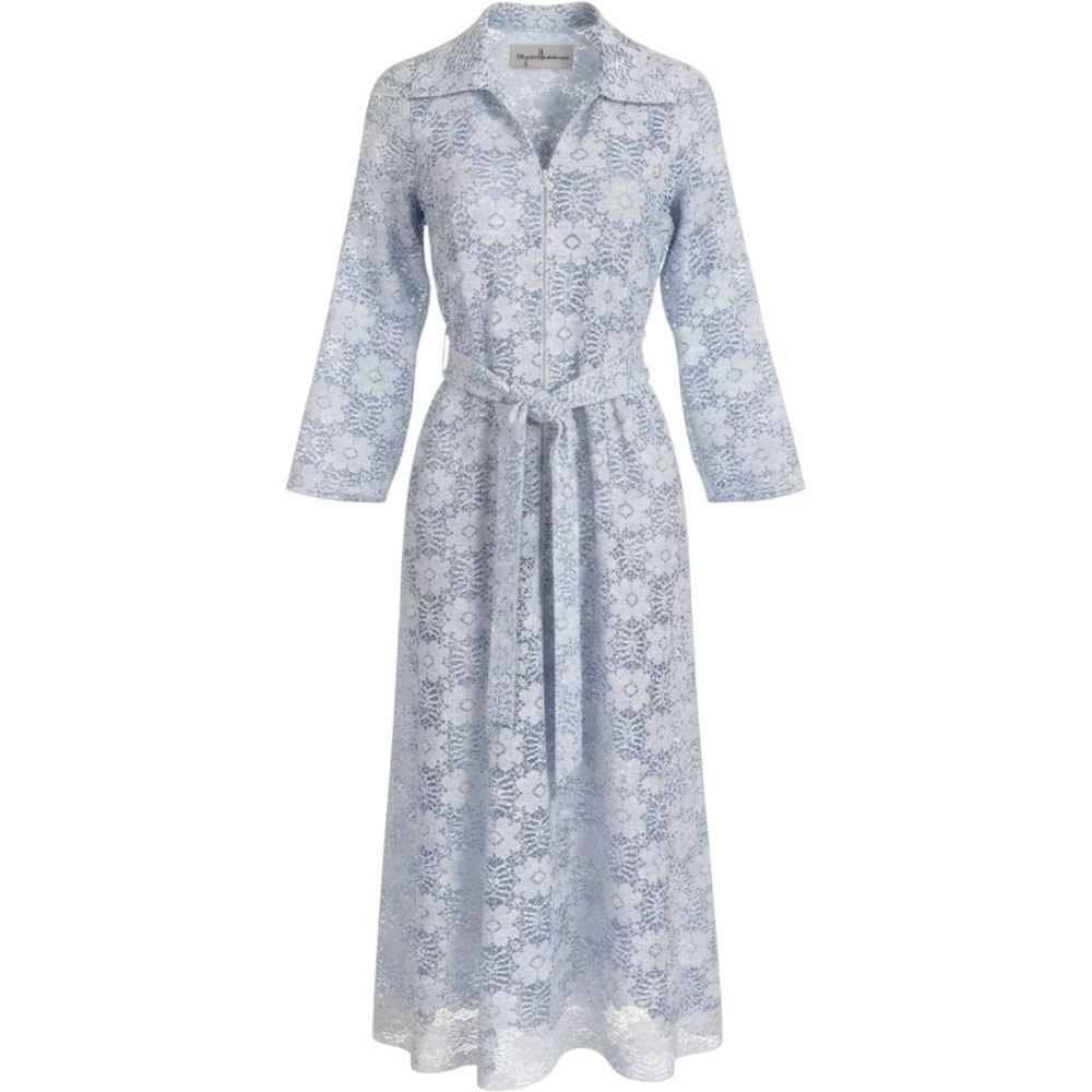 Vintage David Brown Light Blue Floral Lace Maxi Dress Zip Front Belted Small